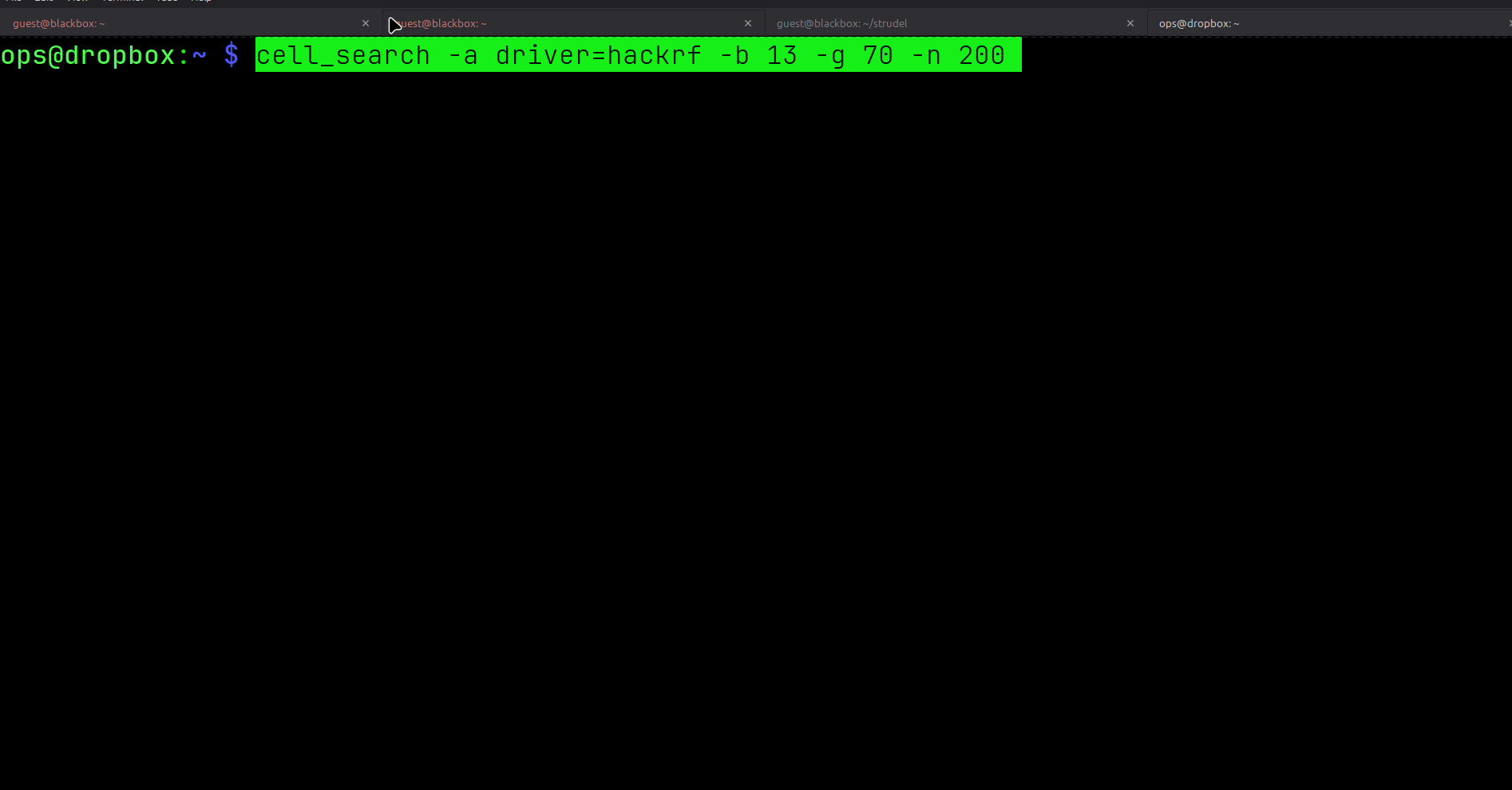 cell_search running on the Pi via SSH