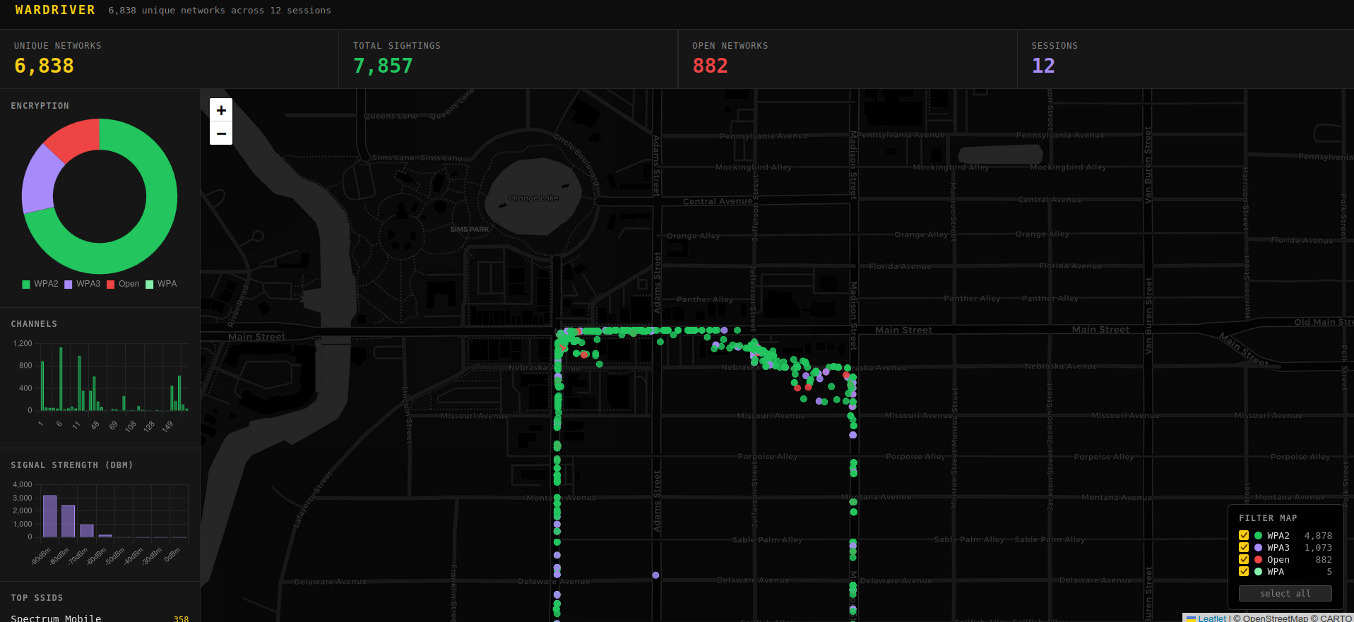 wardriver dashboard map - drive route plotted with networks color coded by encryption